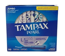 Tampax Pearl Tampons Light Absorbency Jumbo 50 Pack - 4 Month Supply - Open Box