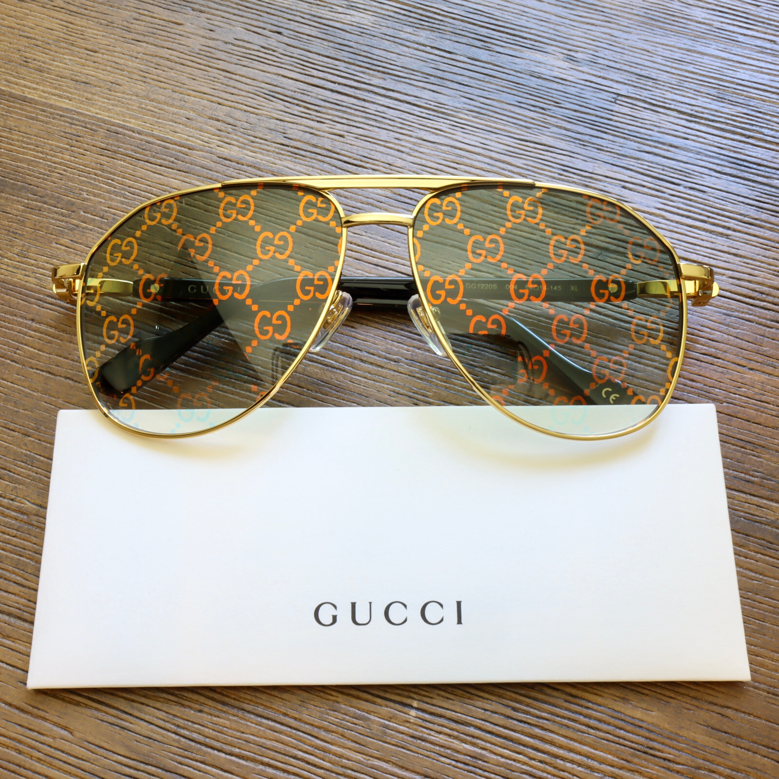 Gucci GG1220S 004 59mm Aviator Sunglasses in Gold/Green with GG Pattern Lens