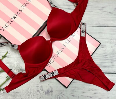 Victoria's Secret Shine Strap Push Up Bra Thong VS Logo Set