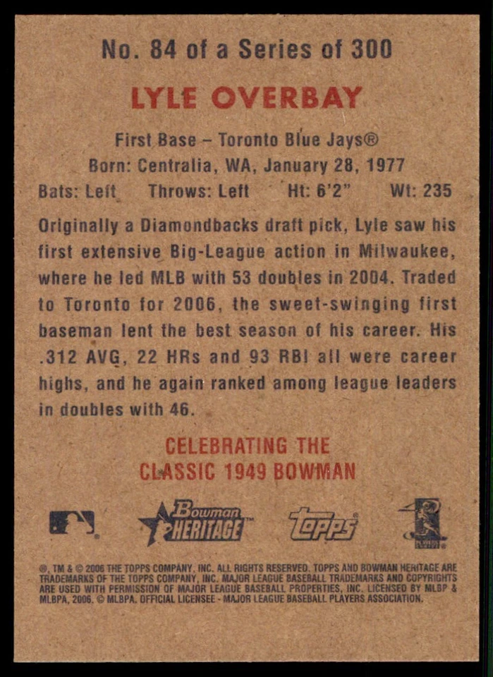 2006 Bowman Heritage Lyle Overbay Toronto Blue Jays #84 - Image 2 of 2