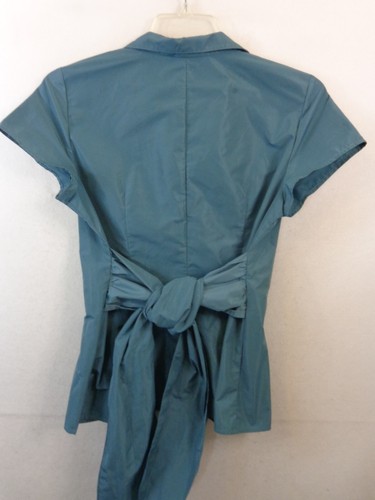 Lafayette 148 New York Blouse Women's 10 Blue Zip Front Tie Short Sleeve - Picture 11 of 13