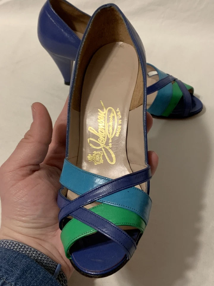 VTG Retro Johansen USA Leather Tri-Color Strappy Heels sz 6 Blue green Turquoise - Image 3 of 4