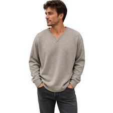 100 lambswool v neck mens sweater warm winter grey knit sz Large preppy vintage
