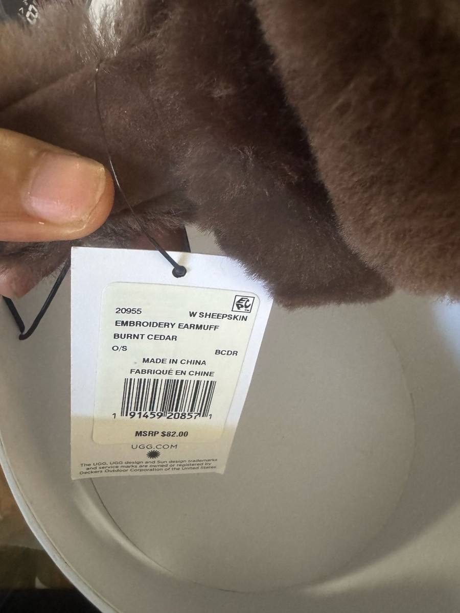 Ugg Sheepskin Embroidery Brown Burnt Cedar Earmuffs New With