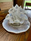 Fenton Glass white Opalescent Hobnail Epergne 3Horn Trumpet Ruffled Vase & Plate