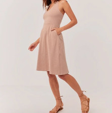 Pact Halter Dress M Organic Cotton Fit & Flare Orange Striped Pockets Bra Beach