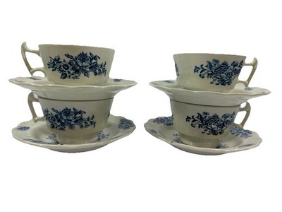 Booths England Peony A8021 Tea Cups Saucers Blue White Floral Set 4 Vtg Cottage