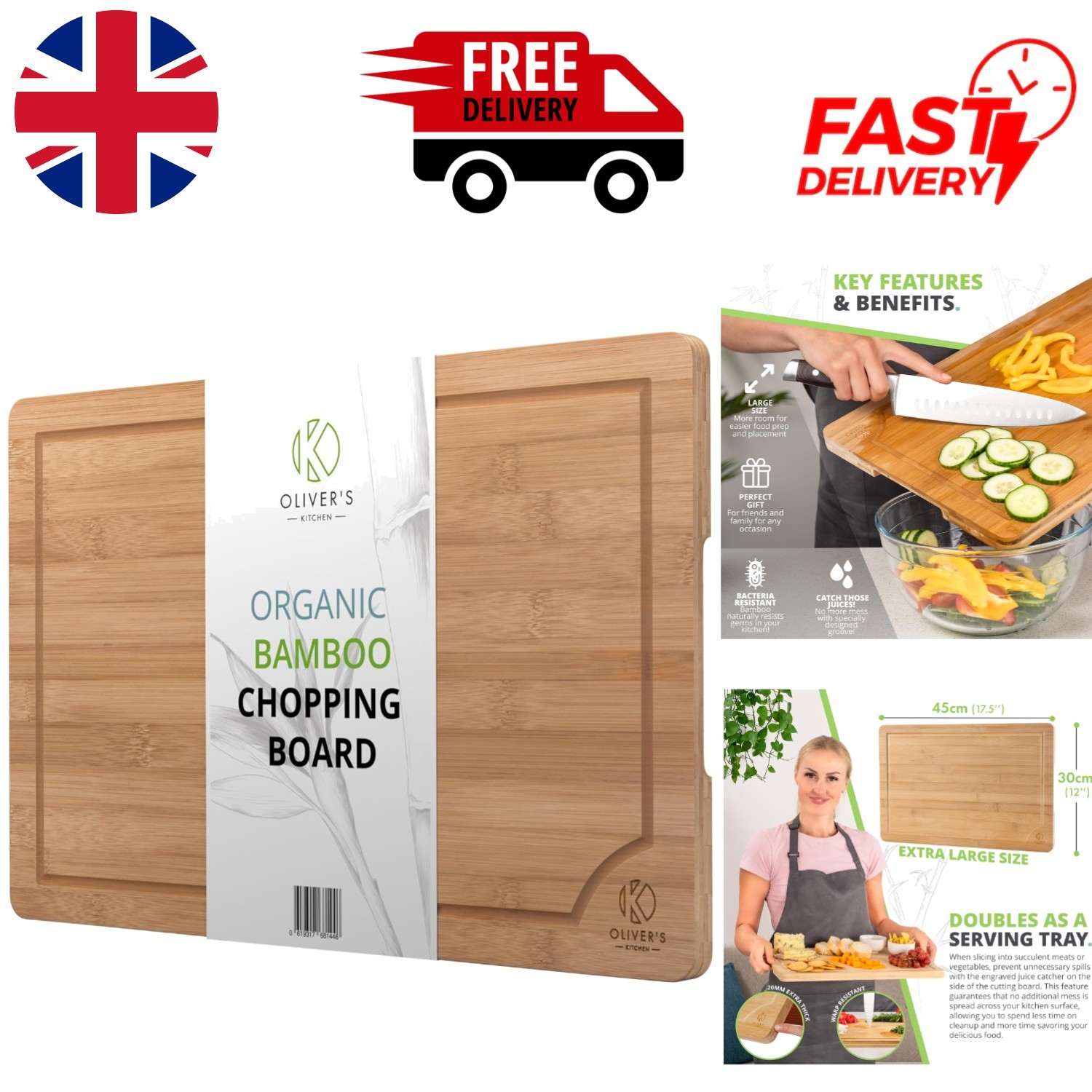 Durable 100% Organic Bamboo Chopping Board - 45x30cm, Perfect for Home Chefs - Image 2