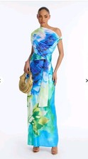 Nwt XL Fashion Nova Blue & Green Floral Satin Asymmetrical Dress