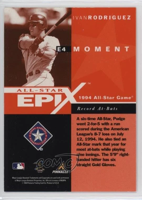 1998 Pinnacle Plus All-Star Epix Moment Orange Ivan Rodriguez #E4 HOF - Image 2 of 2