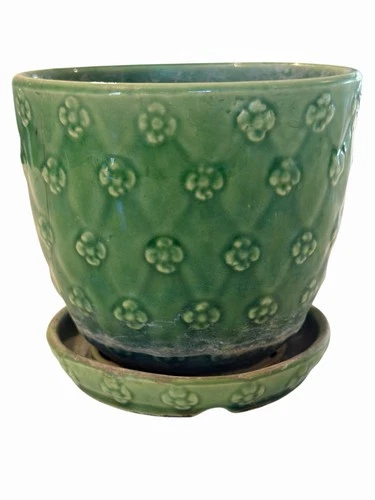 Vintage Shawnee Pottery Quilted Daisy Green Planter with Attached Saucer USA