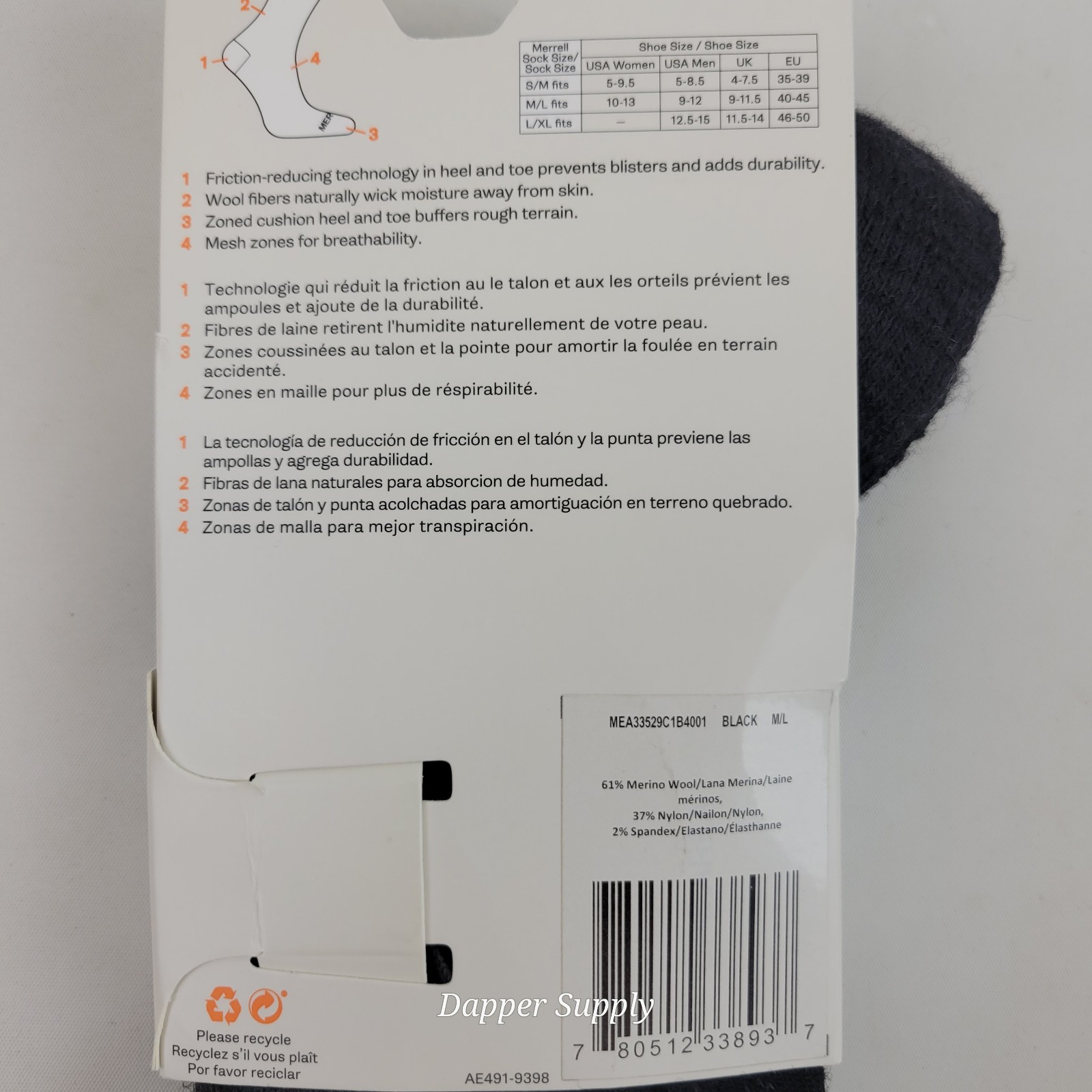 Merrell Hiker Calze Imbottite Nere Zonate Lana Merino M L Nuove