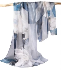 100% Silk Scarf Women neckerchief thin Shawl Wrap Floral blue gray HD118-68