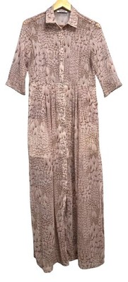 Max & Moi Paris Dress Womens Small FR 36 Pink Feather Print Shirtdress Pockets