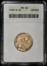 1919-S Buffalo Nickel 5c ANACS MS62 Old "Soapbox" Holder - Tough Coin!