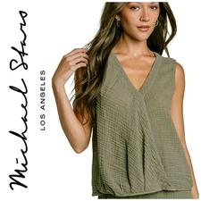 Michael Stars Evie Crossover Surplice Double Gauze Sleeveless Top Green Sz XS