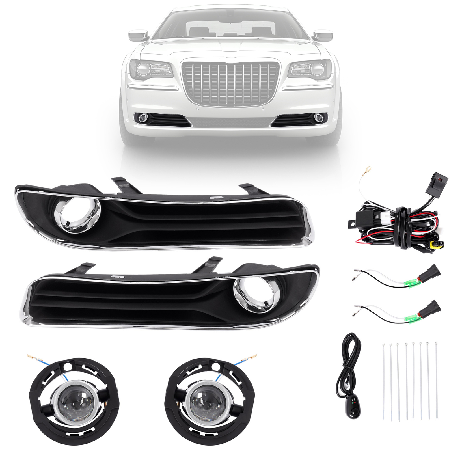 LED Bumper Driving Fog Lights Lamp W/Bezel Switch Wires For Chrysler 300 2011-14