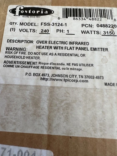 FOSTORIA FSS-3124-1 INFRARED HEATER 240 v ,4150 watts (shelf5)