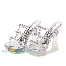 Platform Womens Rhinestone 14cm High Block Heel Sandals Transparent Slippers PVC