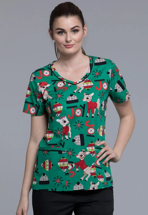Scrubs Tooniforms Womens V-neck Top In Rudolph Joy  TF633 RUJO Size XL - Image 2 of 2