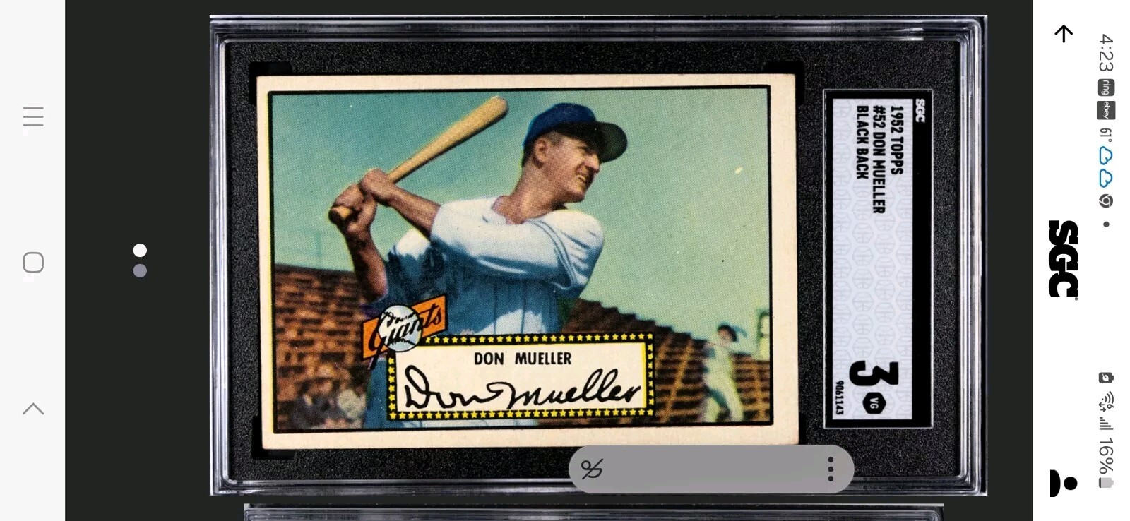 1952 Topps #52 Don Mueller Black Back Back SGC 4 VG-EX New York Giants