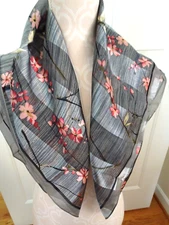 Vintage Silky Polyester Scarf Head Wrap GrayPink-31" Square-Spring Blooms-LKN
