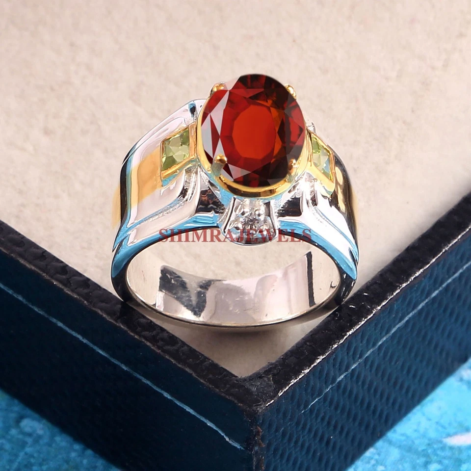 Grossularia Granato & Peridoto Con Placcato Oro Bianco Anello Argento per Uomo # - Immagine 2 di 4