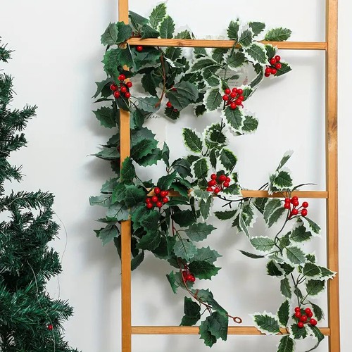 Christmas Artificial Holly Leaves Vine Garland Tree Rattan Wreath Hanging NEW - Picture 3 of 17