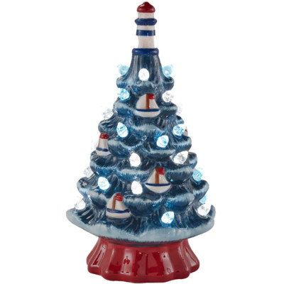 Illuminated ~ Blue White Red ~ LIGHTHOUSE ~ Ceramic Tree ~ Battery Operated