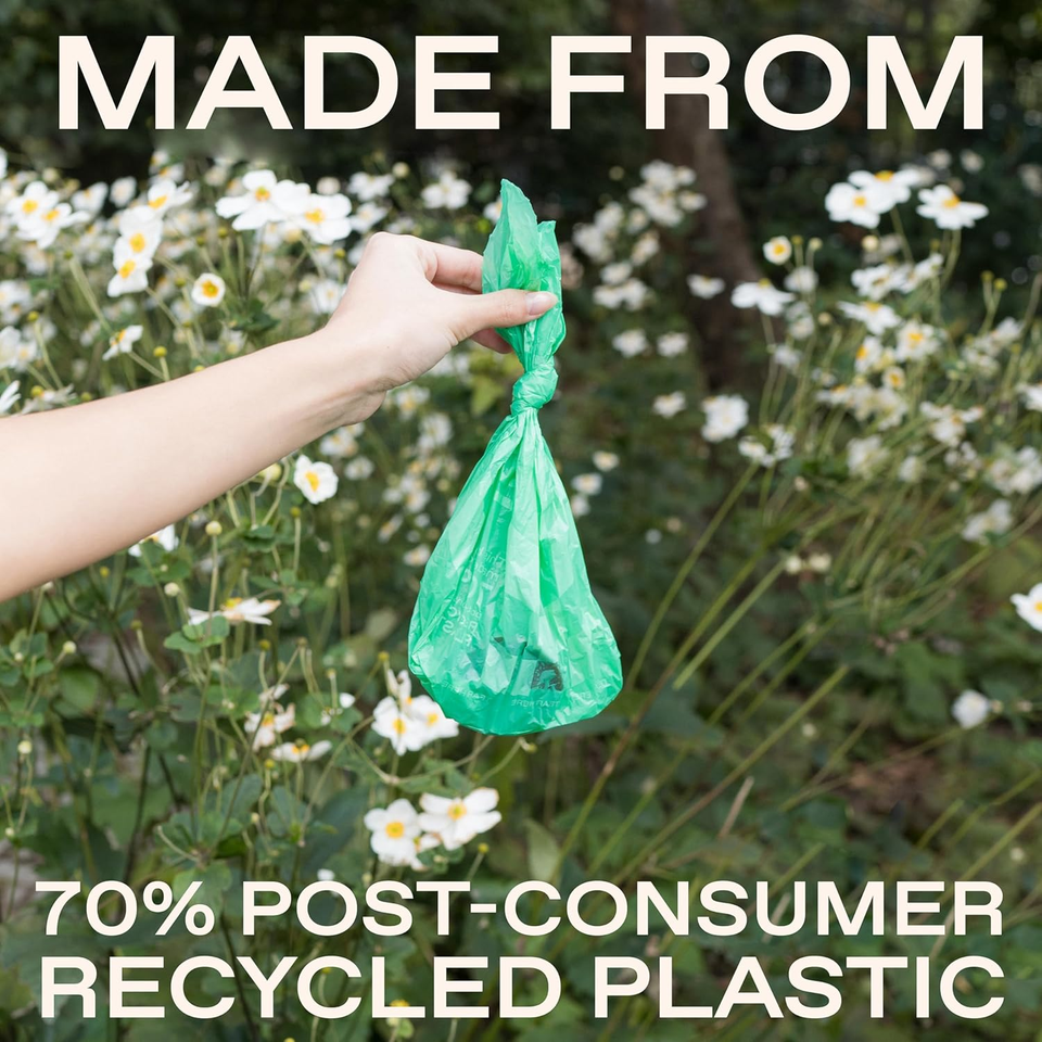 Dog Poop Bag Dispenser + Roll Green Bags Made from 70 Post