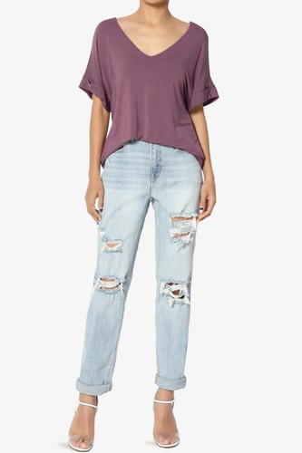 TheMogan S~3X Wide V-Neck Cuffed Short Sleeve Curved Hem Luxe Jersey Top - Picture 92 of 212