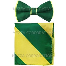 New Men's Pre-tied Bowtie And Hankie Set Two Tone Prom Emerald Neon Green Stripe