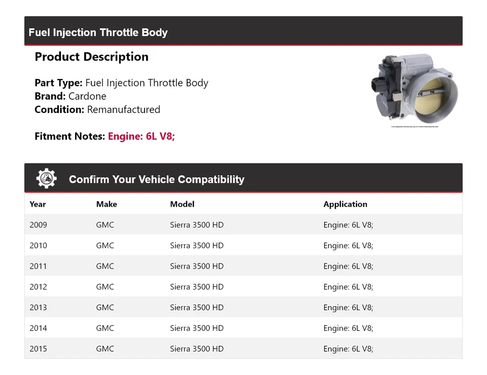 Carrocería de acelerador de inyección de combustible Cardone 2010 para GMC Sierra 3500 HD 6L V8 2009-2015 Foto 2 de 4