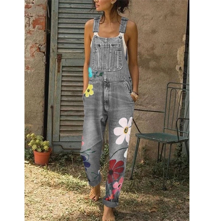 Damen Jeans Jumpsuit Hose Latzhose Latzjeans Blumen Print Overalls S - 5XL H970 - Bild 3 von 4