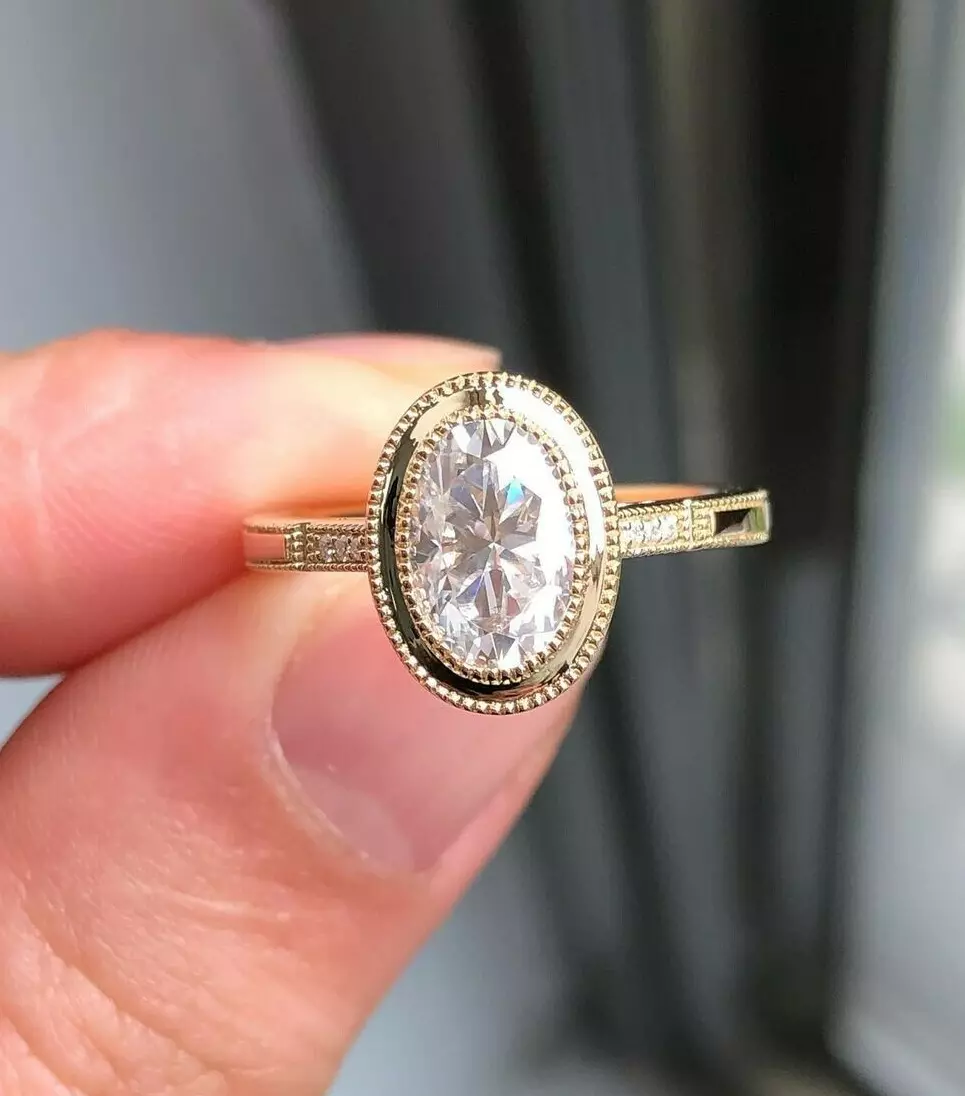 2 CT White Oval Cut Moissanite Bezel Milgrain 14K Rose Gold Over Engagement Ring