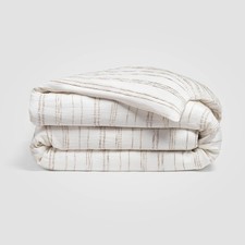 Calm White Beige Stripe Full/Queen Duvet Cover, Cotton-Linen Blend Bedding,