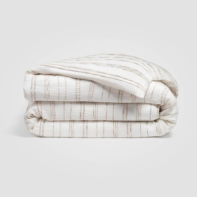 Calm White Beige Stripe Full/Queen Duvet Cover, Cotton-Linen Blend Bedding,