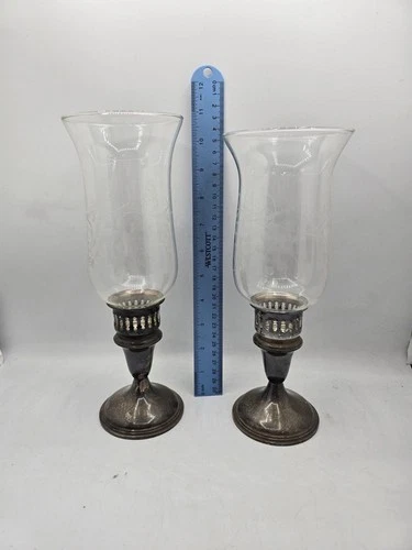 2 Reed And Barton Sterling Silver Weighted Candlestick Holders Etched Glass