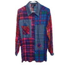 Carole Little Patchwork Shirt Plaid Chambray Button Up Tunic Small 6 Cottage Top