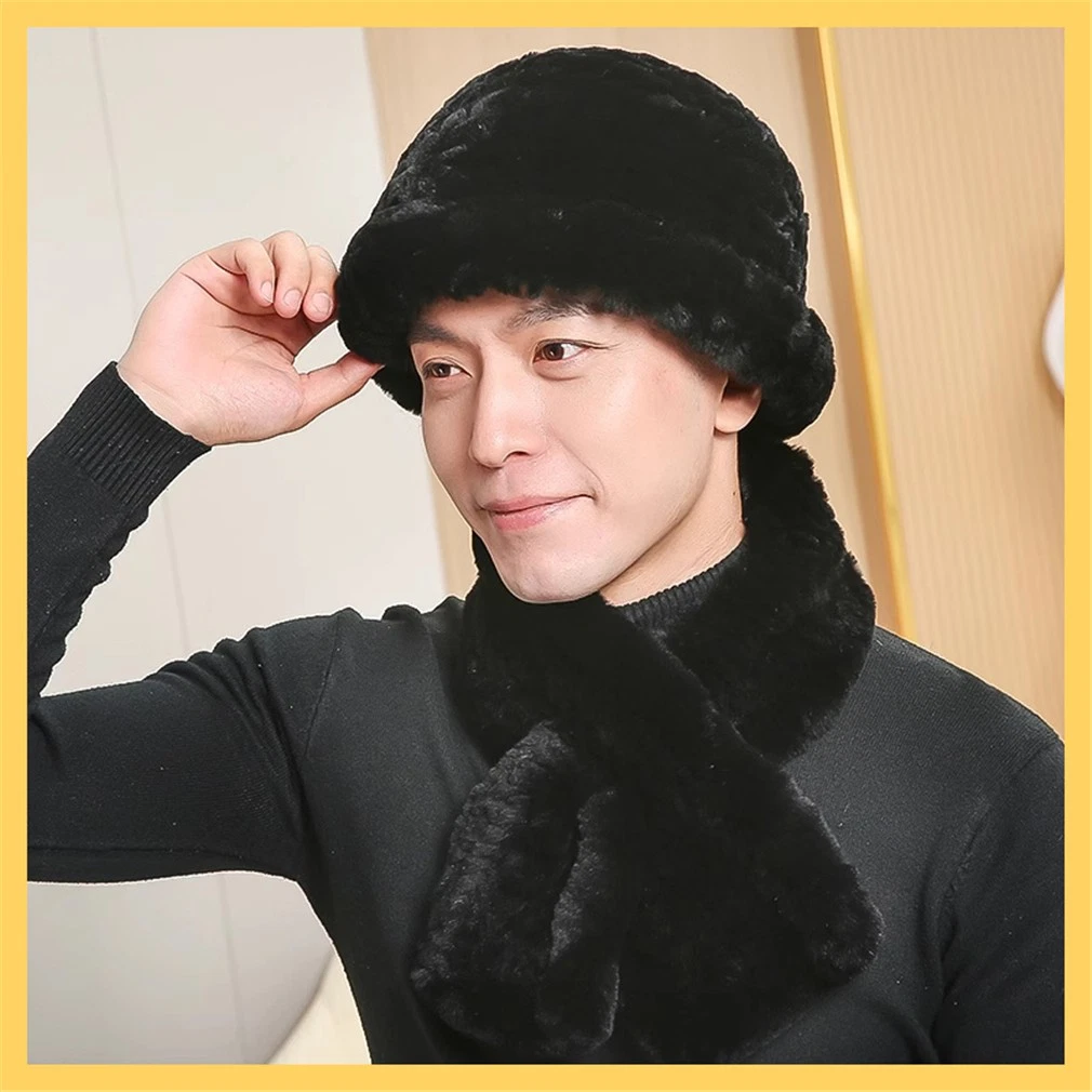 100% Real Rabbit Fur Hat Scarf Thicken Winter Warm Knitted Wooling Cap for Men