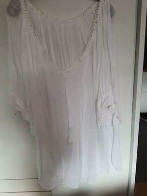 Made in Italy Damen Tunika Bluse Gr. 54 Weiß V-Ausschnitt Spitze Rüschen 3/4-Arm