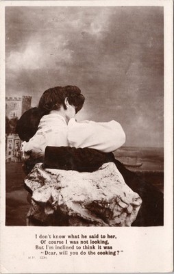 HUMOR ROMANCE RPPC POSTCARD-''DEAR, WILL YOU DO THE COOKING?''MAN,WOMAN WRAPPED UP