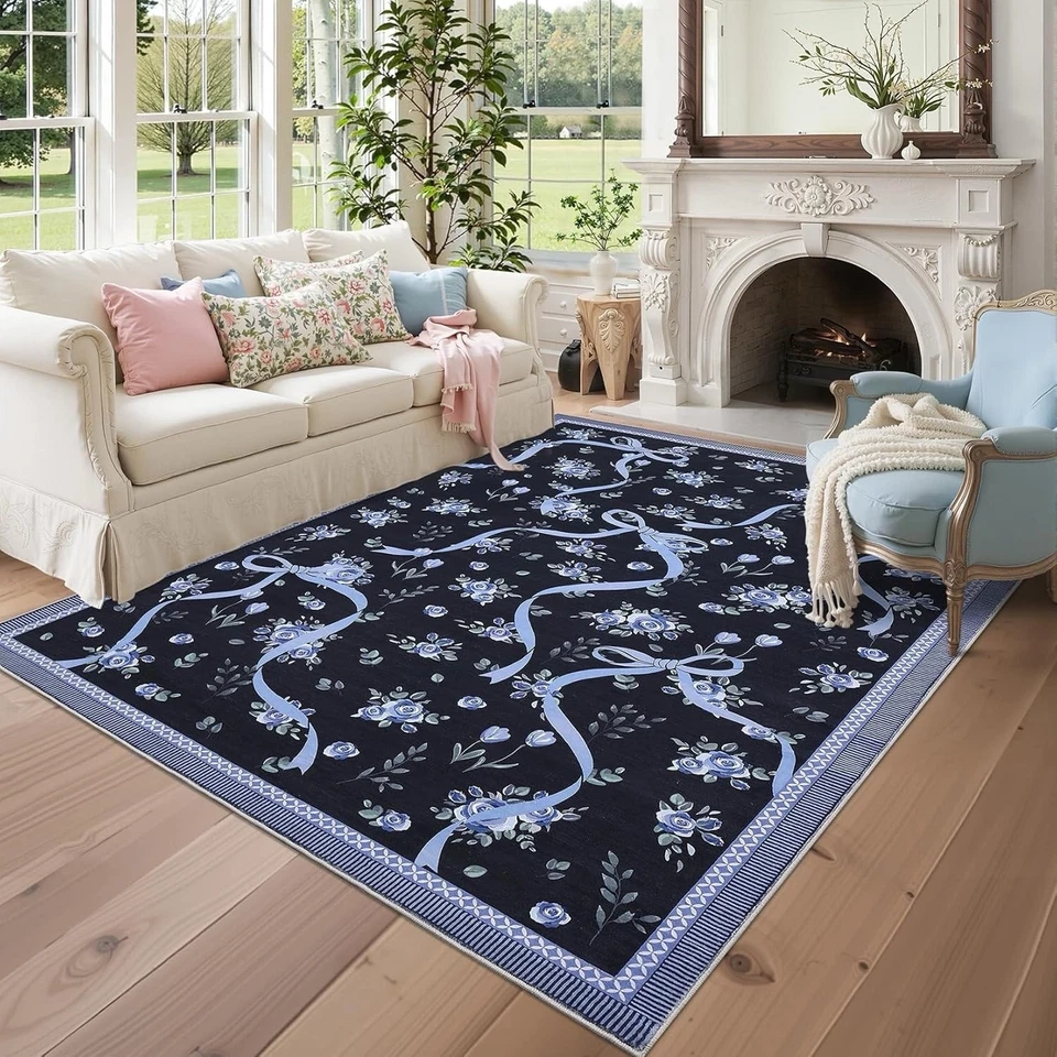Alfombra Bliss Moderna Floral Lazo Coqueta Lavable Antideslizante 9 x 12 Negra y Azul Foto 2 de 4
