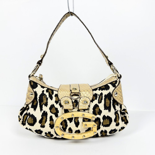 GUESS Y2K Leopard Print Canvas Shoulder Bag Gold G Logo Animal Print Purse