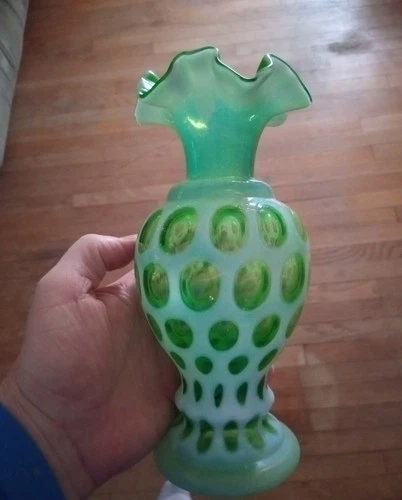 Fenton Coin Dot Art Glass Hand Blown Green White Vase with Ruffled Top