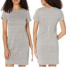 NWT Calvin Klein Dress Sz 10 Beige Houndstooth Ponte Shift Exposed Zipper Career