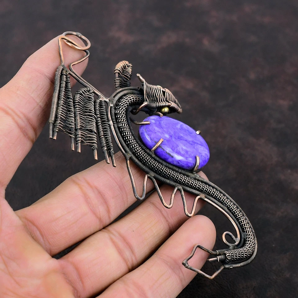 Colgante Dragón Envuelto en Alambre Charoite Hecho a Mano Cobre Joyería Étnica 4.65" Foto 4 de 4