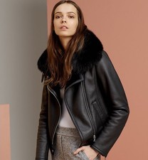 Theory Pomono Black Leather Shearling Fur Aviator Biker Jacket Coat Medium