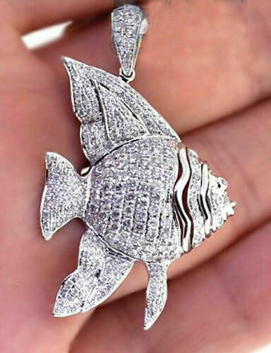 1 Ct Round Simulated Diamond Engagement Cluster Fish Pendant 14K White Gold Over - Picture 1 of 4