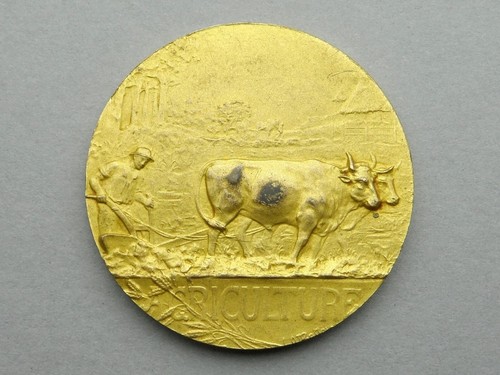 Farmer plowing with his oxen. Agriculture, Farming. French, Antique Medal. - Picture 3 of 5